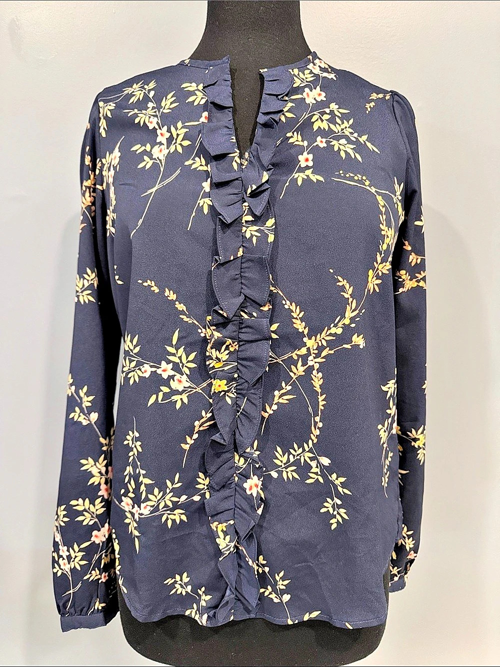 Gap Navy Floral Ruffle Front Long Sleeve Blouse